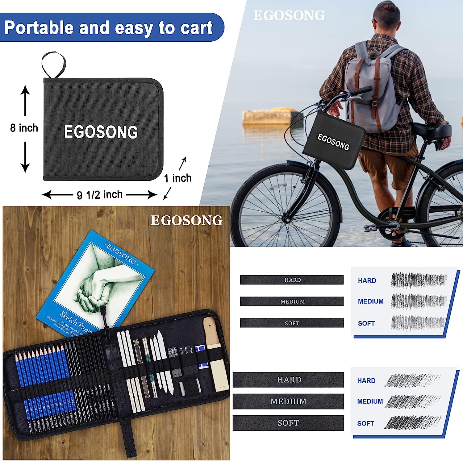 EGOSONG 41 Pack Professional Art Supplies – Graphite/Charcoal Pencils Art Set – All in One Drawing Tools Sketching Art Kit with Sketchbook – Portable Travel Drawing Kit for Adults Beginners & Artists - Image 3